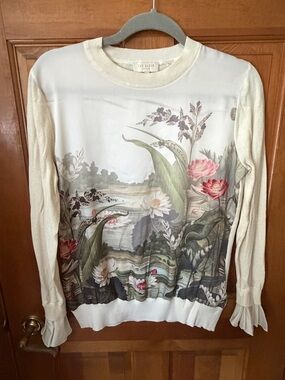 Ted Baker London Floral Landscape Sweater Cream Silk Blend Knit Ruffle Sleeve